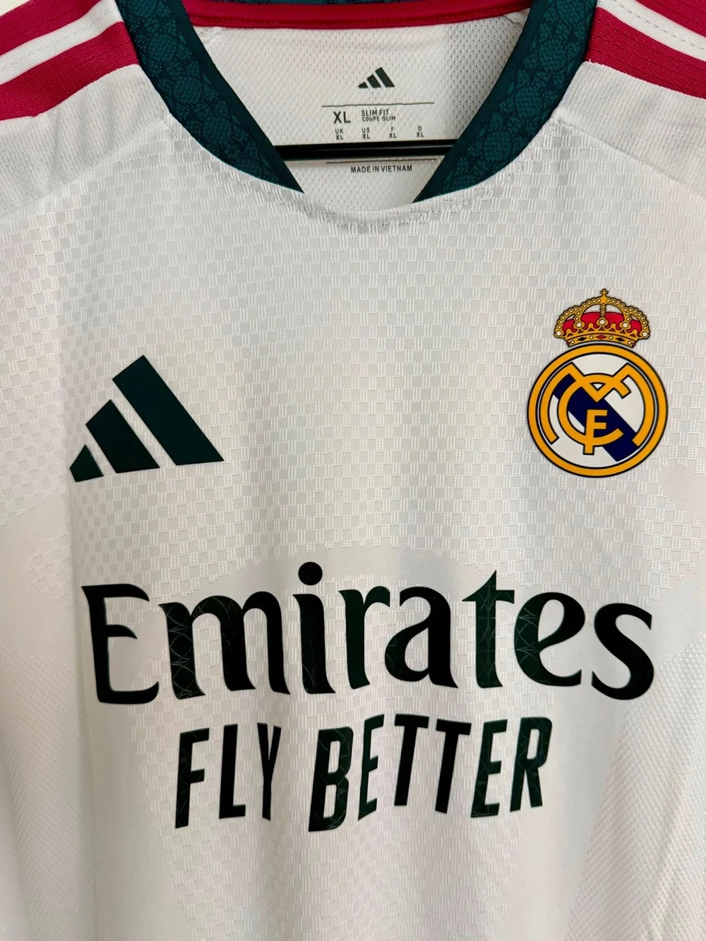 Real Madrid White Soccer Jersey with Maroon and Dark Green player version